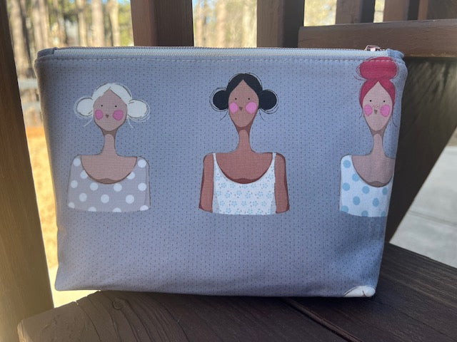 Three Lady Zipper Pouch - Tilda Fabric - Faux Cowhide - Makeup - Small Essentials - Travel Pouch - Cosmetics - Gift Idea