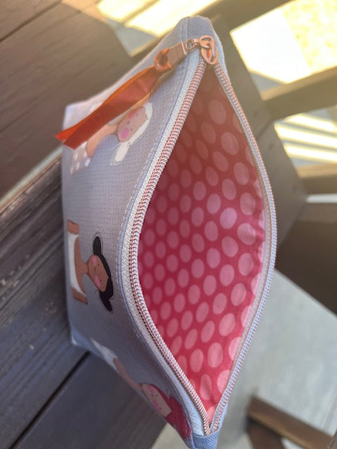 Three Lady Zipper Pouch - Tilda Fabric - Faux Cowhide - Makeup - Small Essentials - Travel Pouch - Cosmetics - Gift Idea