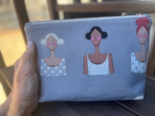 Three Lady Zipper Pouch - Tilda Fabric - Faux Cowhide - Makeup - Small Essentials - Travel Pouch - Cosmetics - Gift Idea