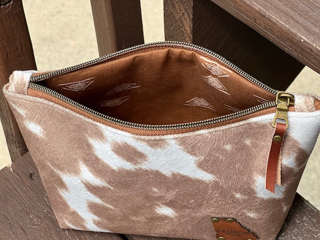 Brown Faux Cowhide Zipper Pouch