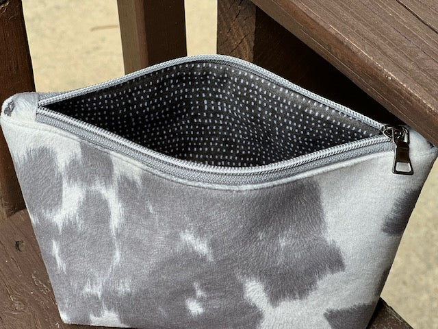 Gray Faux Cowhide Zipper Pouch