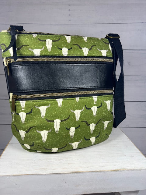 Green Cow Skull Triple Zip Crossbody