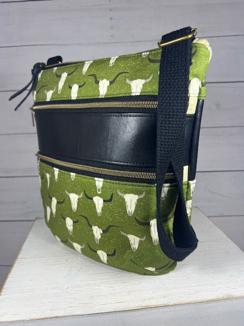 Green Cow Skull Triple Zip Crossbody