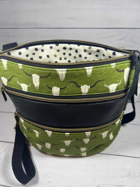 Green Cow Skull Triple Zip Crossbody