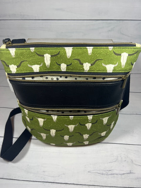 Green Cow Skull Triple Zip Crossbody