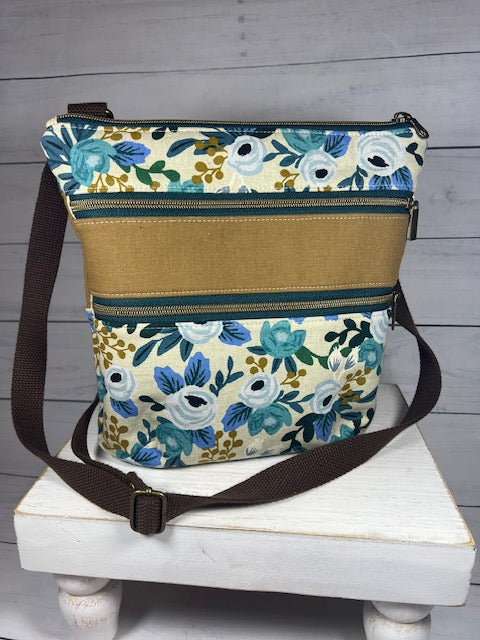 Blue Floral Triple Zip Crossbody