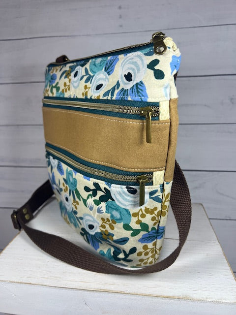 Blue Floral Triple Zip Crossbody