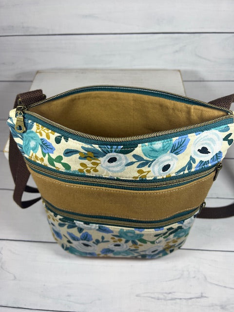 Blue Floral Triple Zip Crossbody
