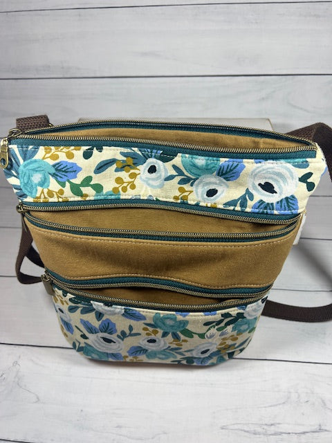 Blue Floral Triple Zip Crossbody
