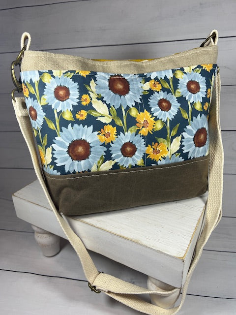 Olive Sunflower Cotton/Linen & Waxed Canvas Crossbody