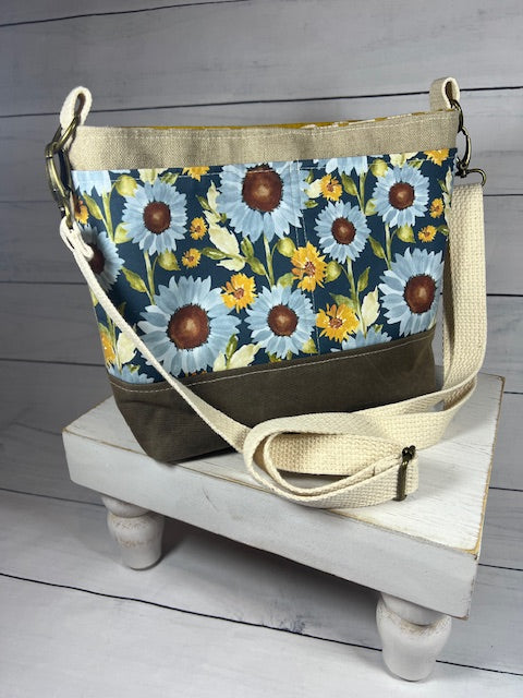 Olive Sunflower Cotton/Linen & Waxed Canvas Crossbody