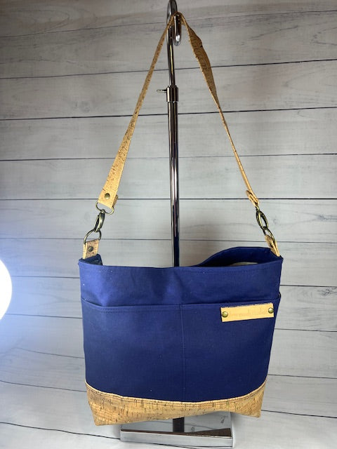 Navy Waxed Canvas and Tan Cork Shoulder Bag