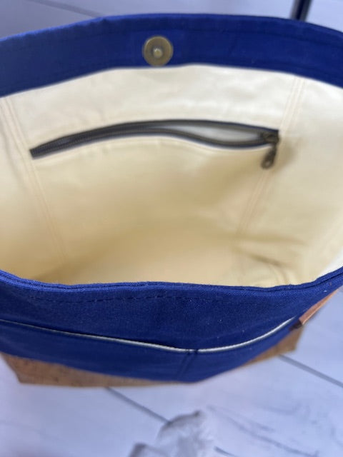 Navy Waxed Canvas and Tan Cork Shoulder Bag