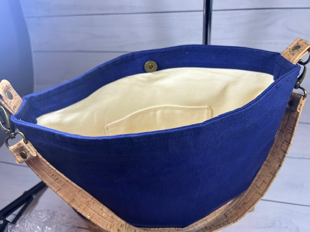 Navy Waxed Canvas and Tan Cork Shoulder Bag