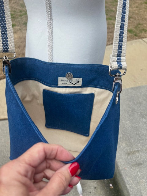 Denim and Canvas Cross Body Tote Bag