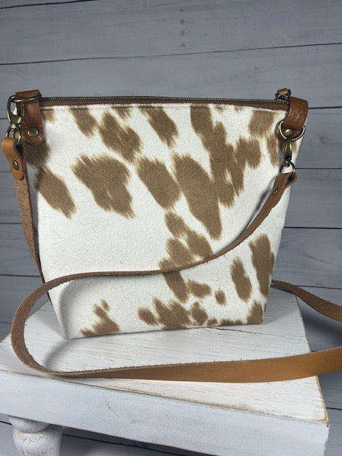 Faux Cowhide Cross Body Purse, Brown and White