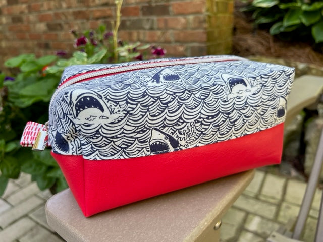 Dopp Kit - Blue & White Shark Print with Red Vinyl