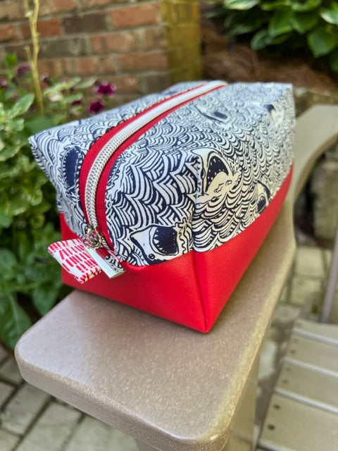Dopp Kit - Blue & White Shark Print with Red Vinyl