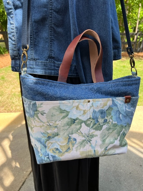 The Cooper - Denim Flowers - Melinda Pattern - Leather Handles - Cotton Webbing Adjustable Strap - Denim Patterned - Floral - Cotton Webbing