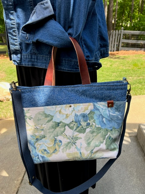 The Cooper - Denim Flowers - Melinda Pattern - Leather Handles - Cotton Webbing Adjustable Strap - Denim Patterned - Floral - Cotton Webbing