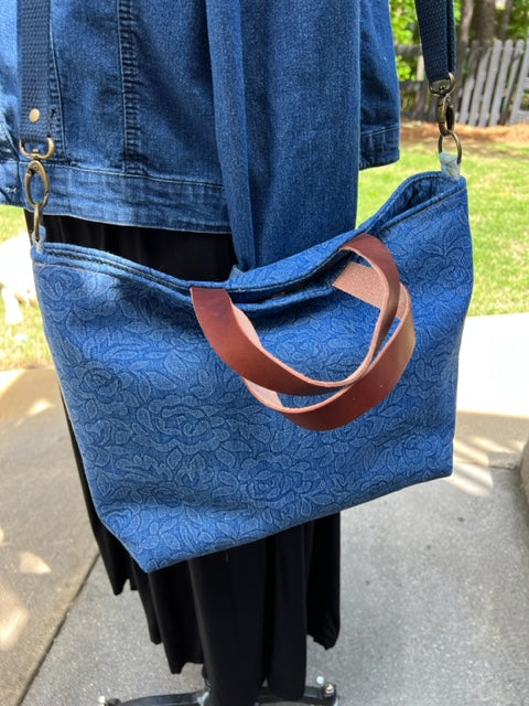 The Cooper - Denim Flowers - Melinda Pattern - Leather Handles - Cotton Webbing Adjustable Strap - Denim Patterned - Floral - Cotton Webbing