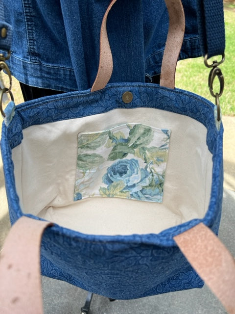The Cooper - Denim Flowers - Melinda Pattern - Leather Handles - Cotton Webbing Adjustable Strap - Denim Patterned - Floral - Cotton Webbing
