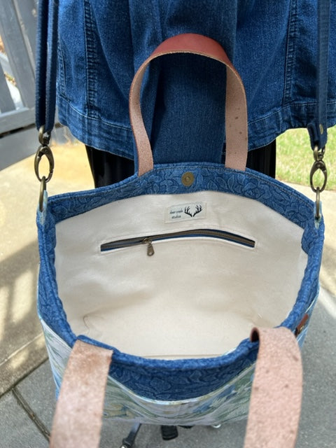 The Cooper - Denim Flowers - Melinda Pattern - Leather Handles - Cotton Webbing Adjustable Strap - Denim Patterned - Floral - Cotton Webbing