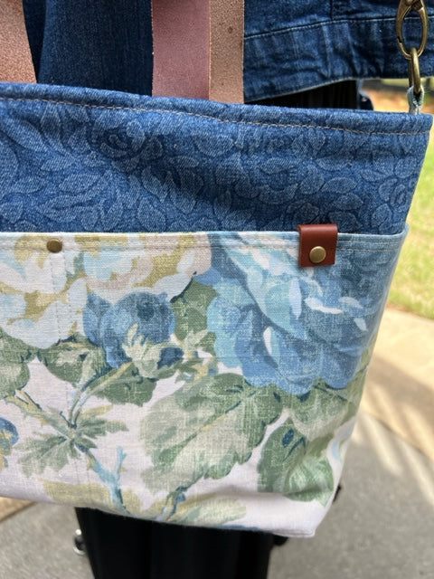 The Cooper - Denim Flowers - Melinda Pattern - Leather Handles - Cotton Webbing Adjustable Strap - Denim Patterned - Floral - Cotton Webbing