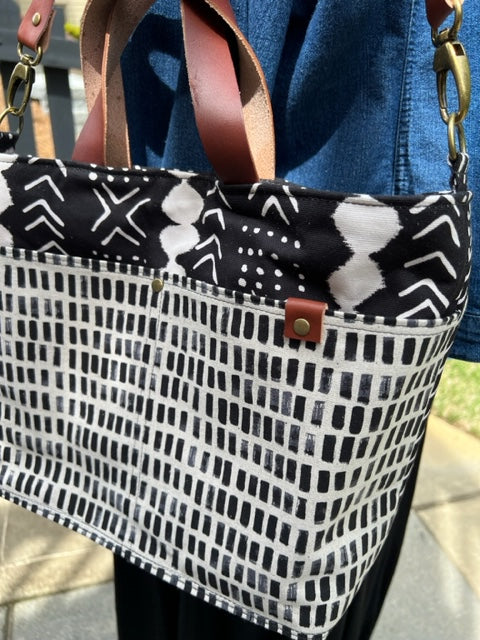 The Cooper - Black & White Tote - Leather Accents - Melinda Pattern - Southwest