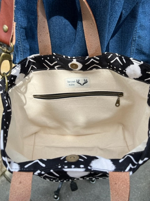 The Cooper - Black & White Tote - Leather Accents - Melinda Pattern - Southwest