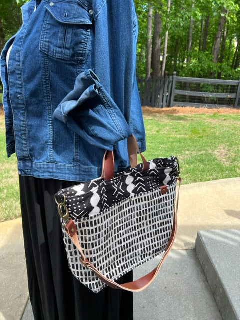 The Cooper - Black & White Tote - Leather Accents - Melinda Pattern - Southwest