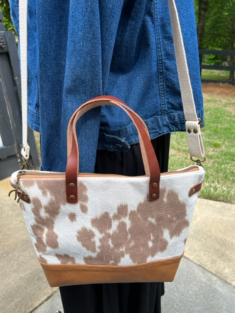 The Baxter - Faux Cowhide - Tan - Leather Accents - Camille Pattern - Antler Pull - Cross Body - Satchel - Gift Idea