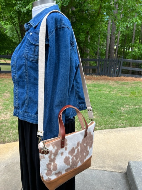 The Baxter - Faux Cowhide - Tan - Leather Accents - Camille Pattern - Antler Pull - Cross Body - Satchel - Gift Idea