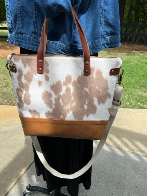 The Baxter - Faux Cowhide - Tan - Leather Accents - Camille Pattern - Antler Pull - Cross Body - Satchel - Gift Idea