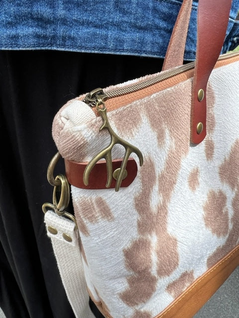 The Baxter - Faux Cowhide - Tan - Leather Accents - Camille Pattern - Antler Pull - Cross Body - Satchel - Gift Idea
