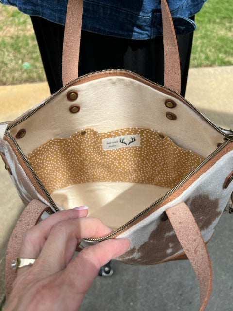The Baxter - Faux Cowhide - Tan - Leather Accents - Camille Pattern - Antler Pull - Cross Body - Satchel - Gift Idea