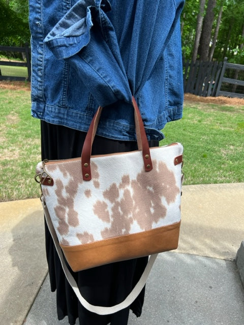 The Baxter - Faux Cowhide - Tan - Leather Accents - Camille Pattern - Antler Pull - Cross Body - Satchel - Gift Idea
