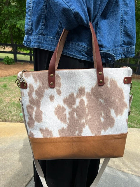 The Baxter - Faux Cowhide - Tan - Leather Accents - Camille Pattern - Antler Pull - Cross Body - Satchel - Gift Idea