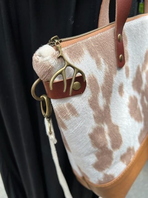 The Baxter - Faux Cowhide - Tan - Leather Accents - Camille Pattern - Antler Pull - Cross Body - Satchel - Gift Idea