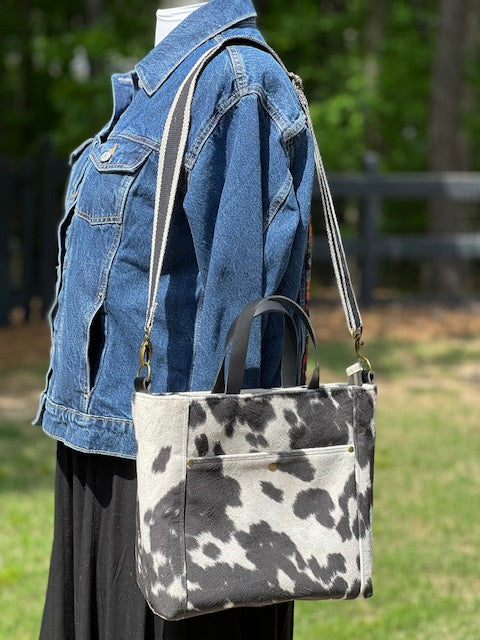 Portland Tote - Black Faux Cowhide Satchel