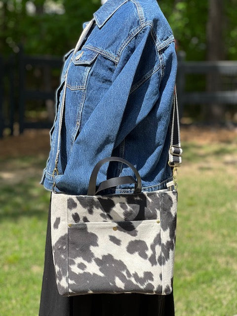 Portland Tote - Black Faux Cowhide Satchel