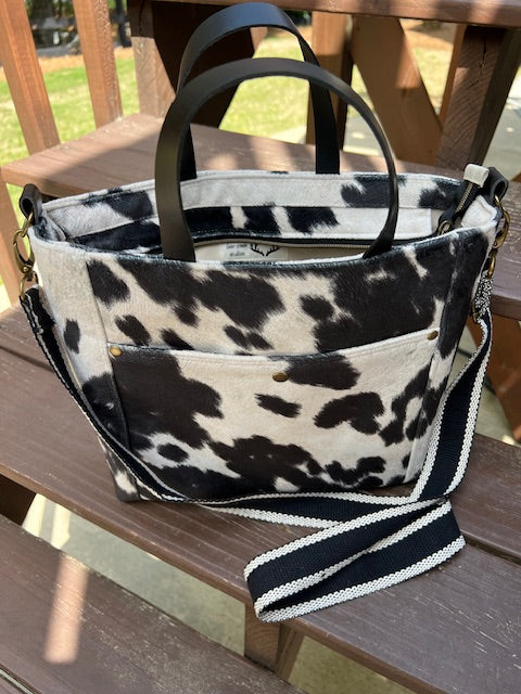 Portland Tote - Black Faux Cowhide Satchel