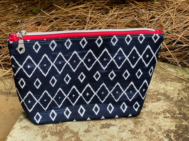 Navy Geometric Zipper Pouch - Red Bandana Lined