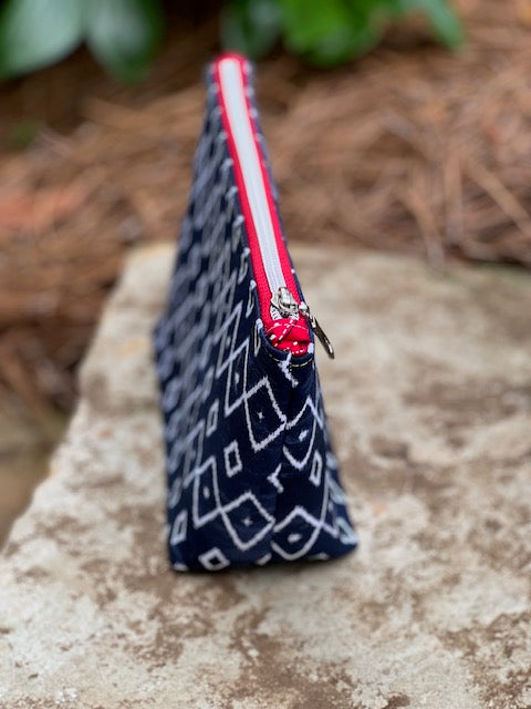 Navy Geometric Zipper Pouch - Red Bandana Lined