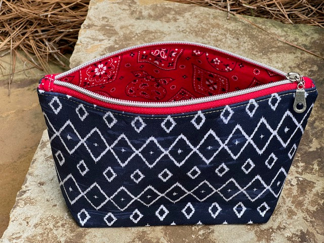 Navy Geometric Zipper Pouch - Red Bandana Lined