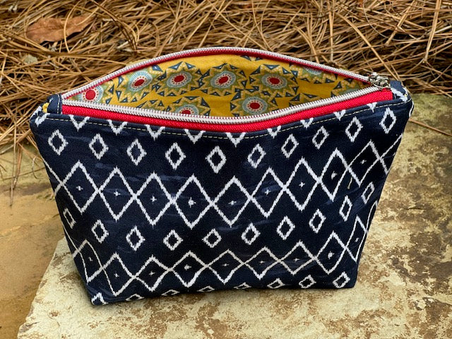 Navy Geometric Zipper Pouch- Yellow Geo Lined