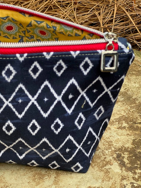 Navy Geometric Zipper Pouch- Yellow Geo Lined