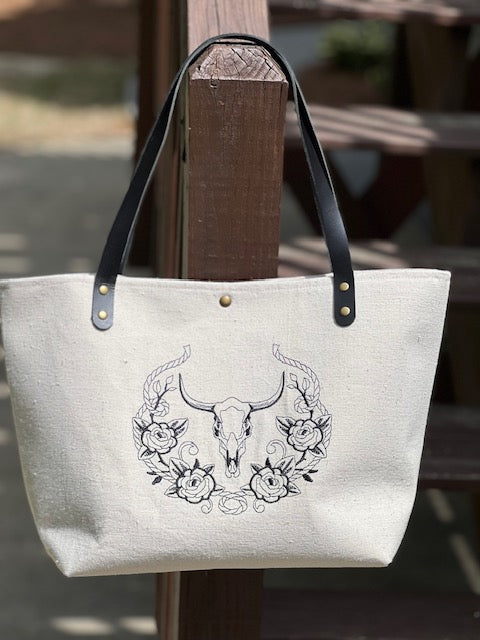 Market Tote - Embroidered Skull On Canvas