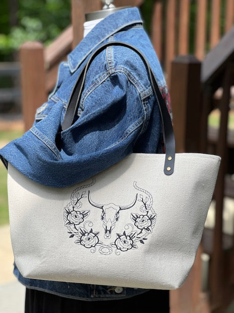 Market Tote - Embroidered Skull On Canvas