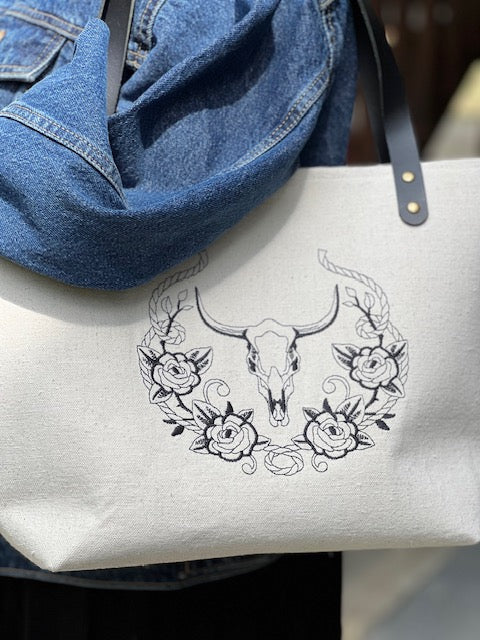 Market Tote - Embroidered Skull On Canvas